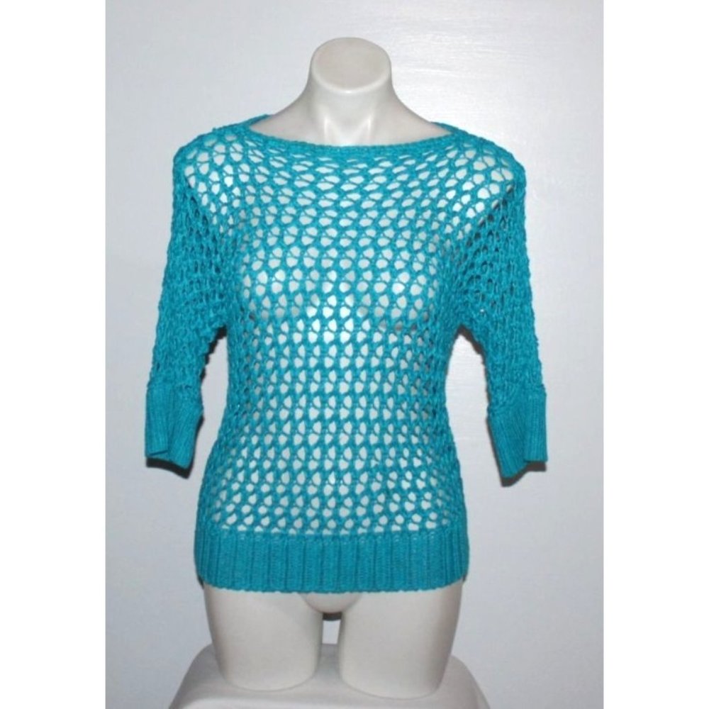 CHICO'S Women's Blue Crocheted Linen Blend Sweater Top Size 0 S